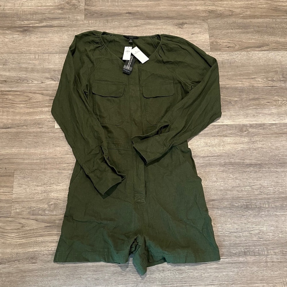 Banana Republic Olive Green Linen Blend Long Sleeve Utility Romper Small 629793